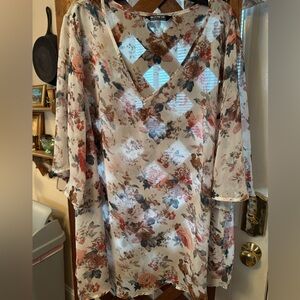 BloomChic Floral V-Neck Sheer Blouse in Cream, Rust & Slate